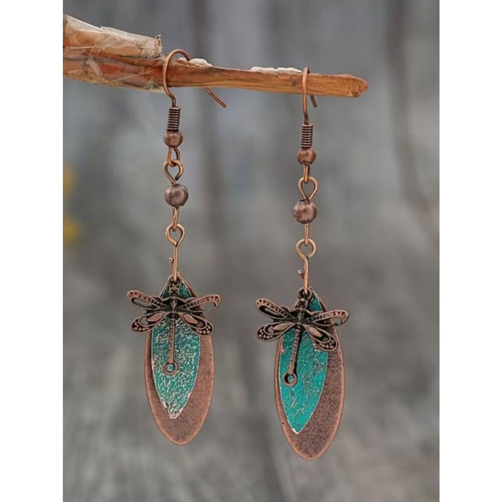 NWT Bohemian Rustic Dragonfly Earring Turquoise Color-Wash Copper Layered Dangle